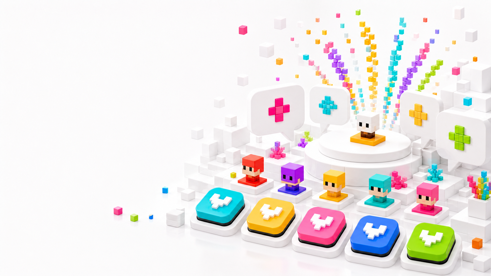 Voxel players gathered around a bright game-night stage