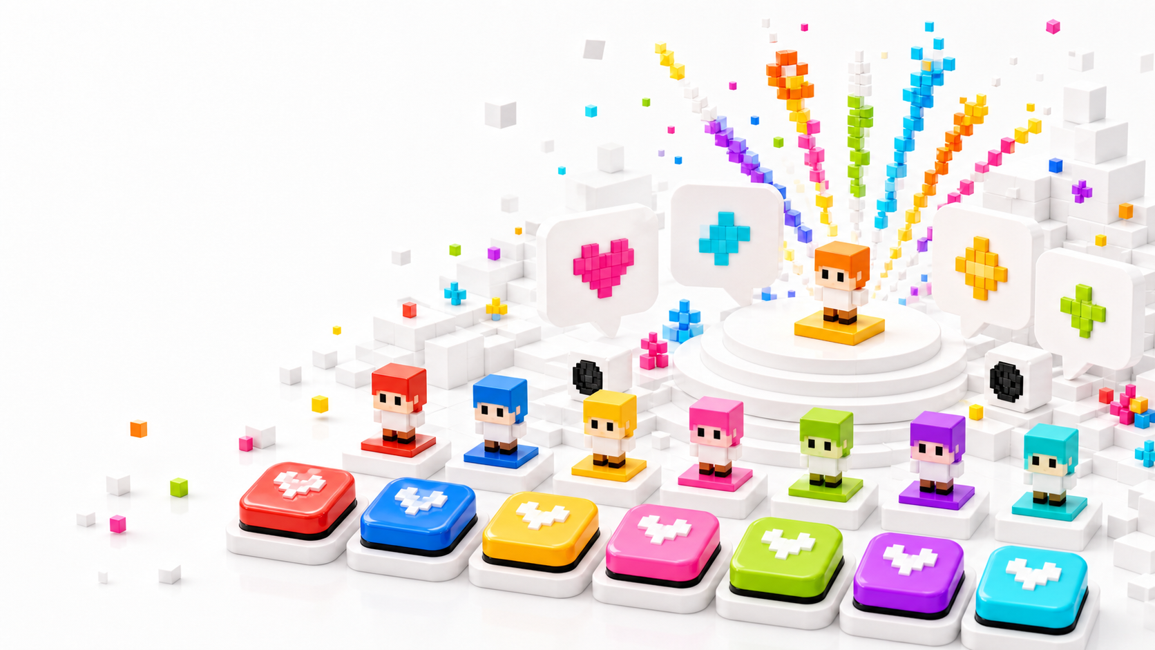 Bright voxel voting pads arranged in front of a small game stage